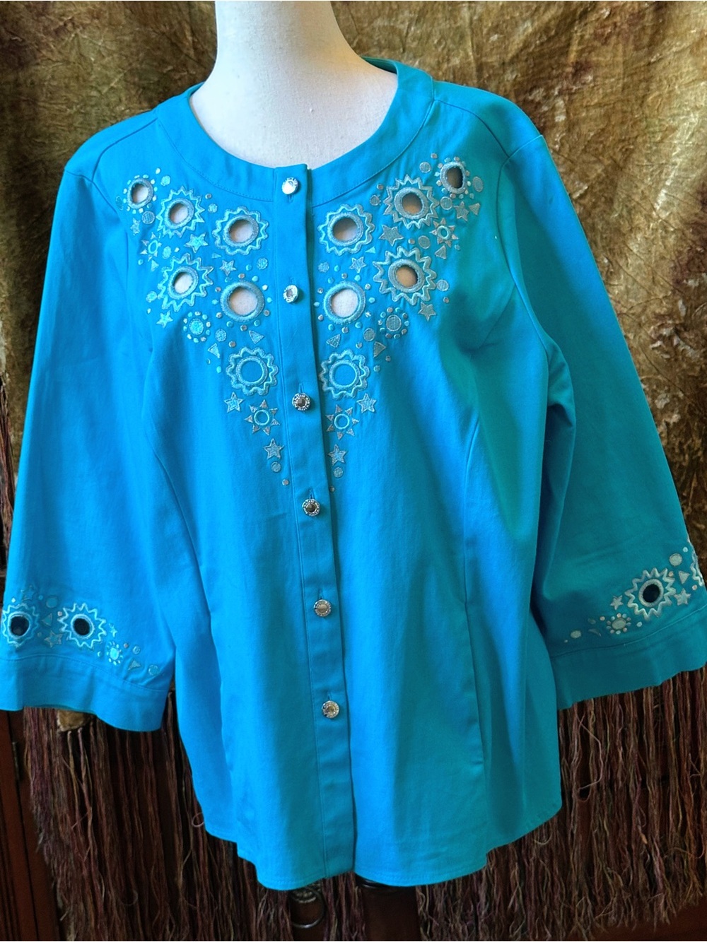 Bob Mackie Turquoise Embroidered Eyelet Button Jacket